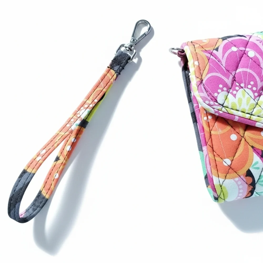 Vera Bradley Wristlet Wallet Pouch Floral Cotton Quilted Pink Grey Orange Strap - Picture 7 of 8
